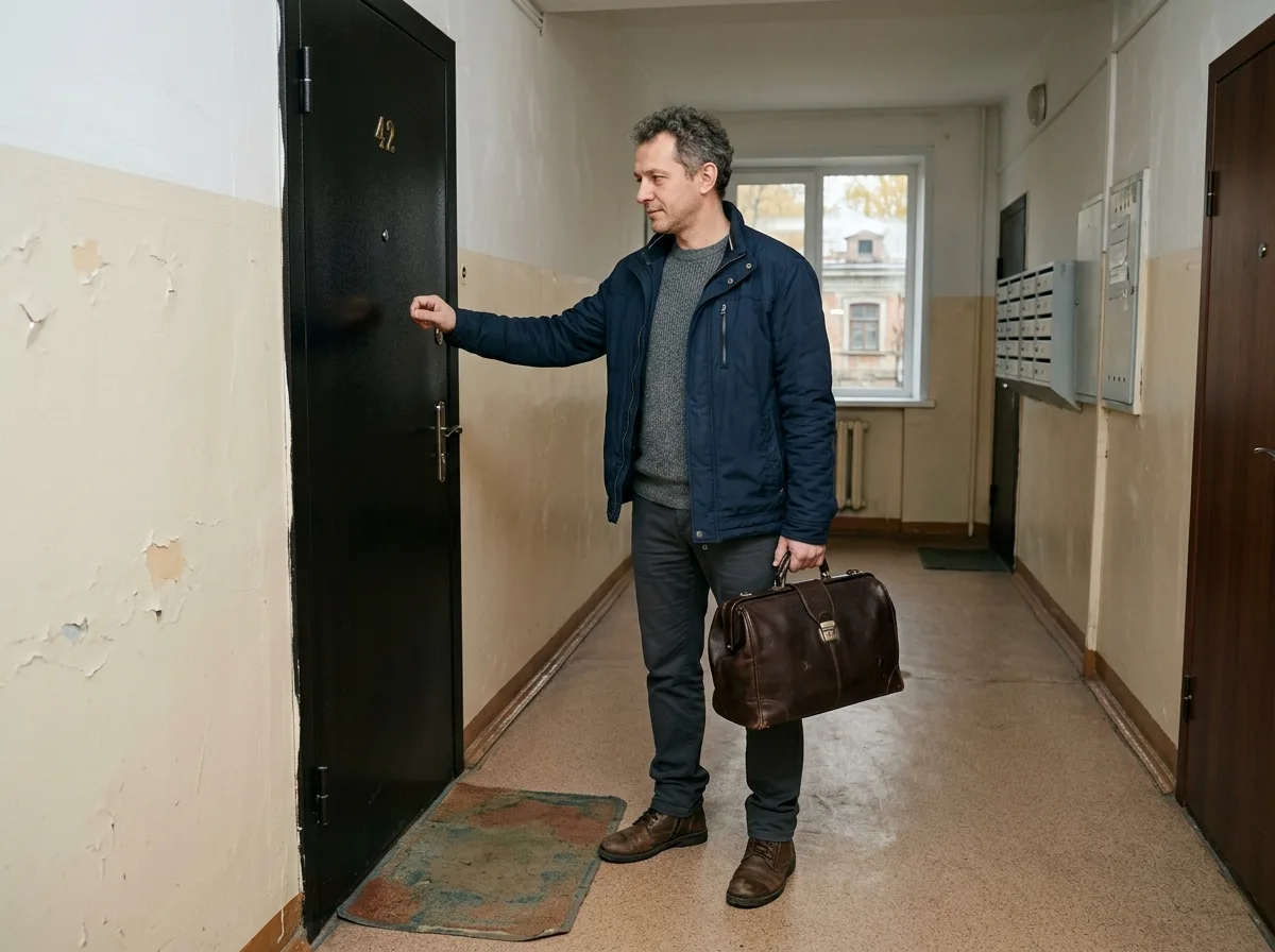 Нарколог с медицинским чемоданчиком стоит у двери квартиры пациента в Нижнем Новгороде, профессиональный вид, гражданская одежда, готовность к немедленной помощи