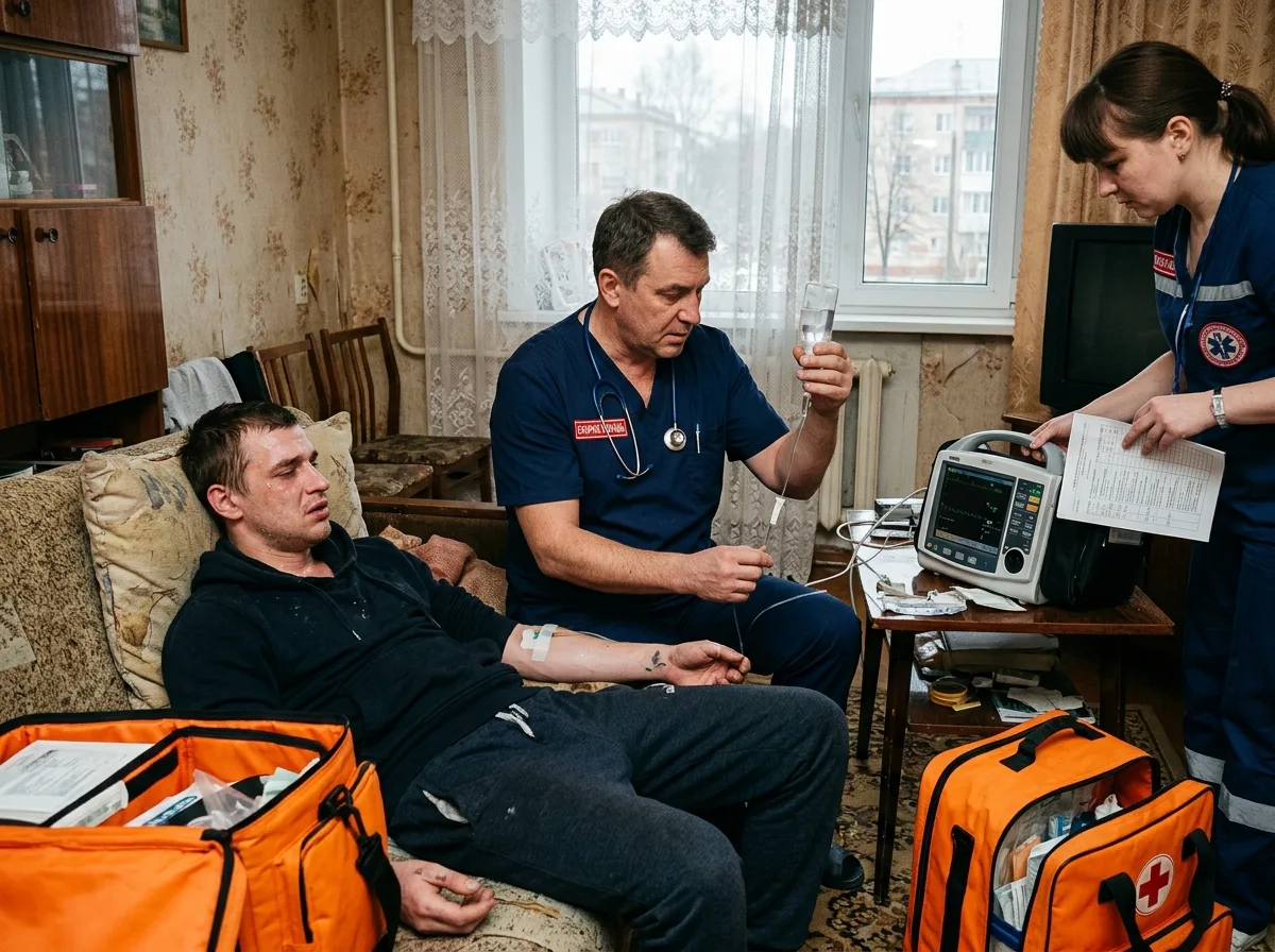 Врач-нарколог вводит лекарство пациенту с симптомами наркотической ломки, экстренная помощь на дому в Нижнем Новгороде, медицинская обстановка