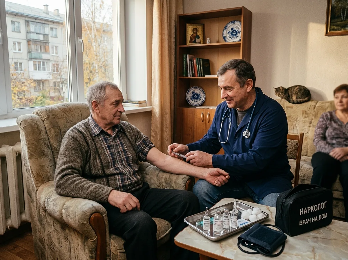 Врач-нарколог проводит процедуру кодирования от алкоголизма на дому у пациента в Нижнем Новгороде, спокойная домашняя обстановка, медицинские инструменты