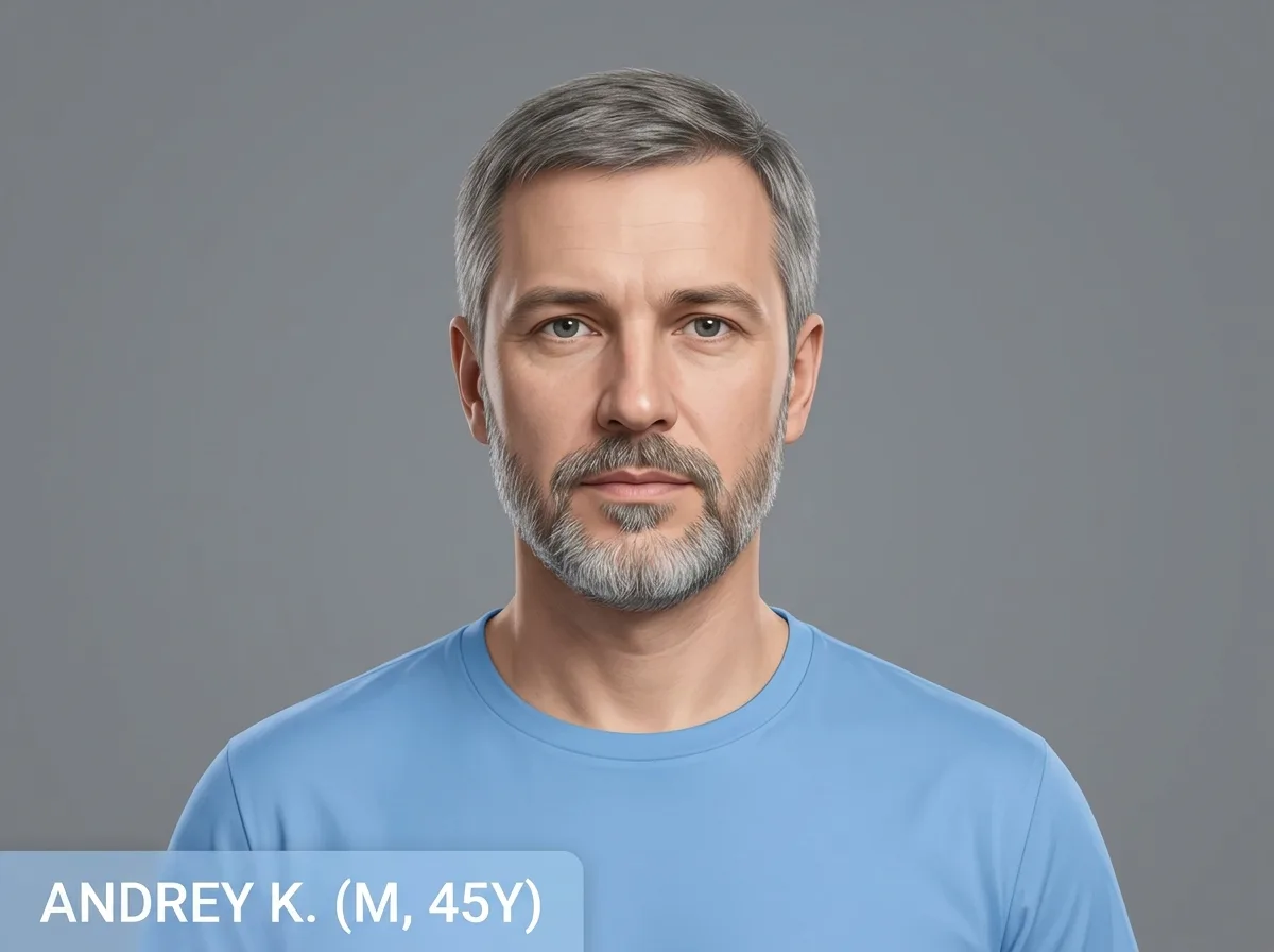 Аватар пациента Андрея К., мужчина 45 лет, нейтральное выражение лица, серый фон